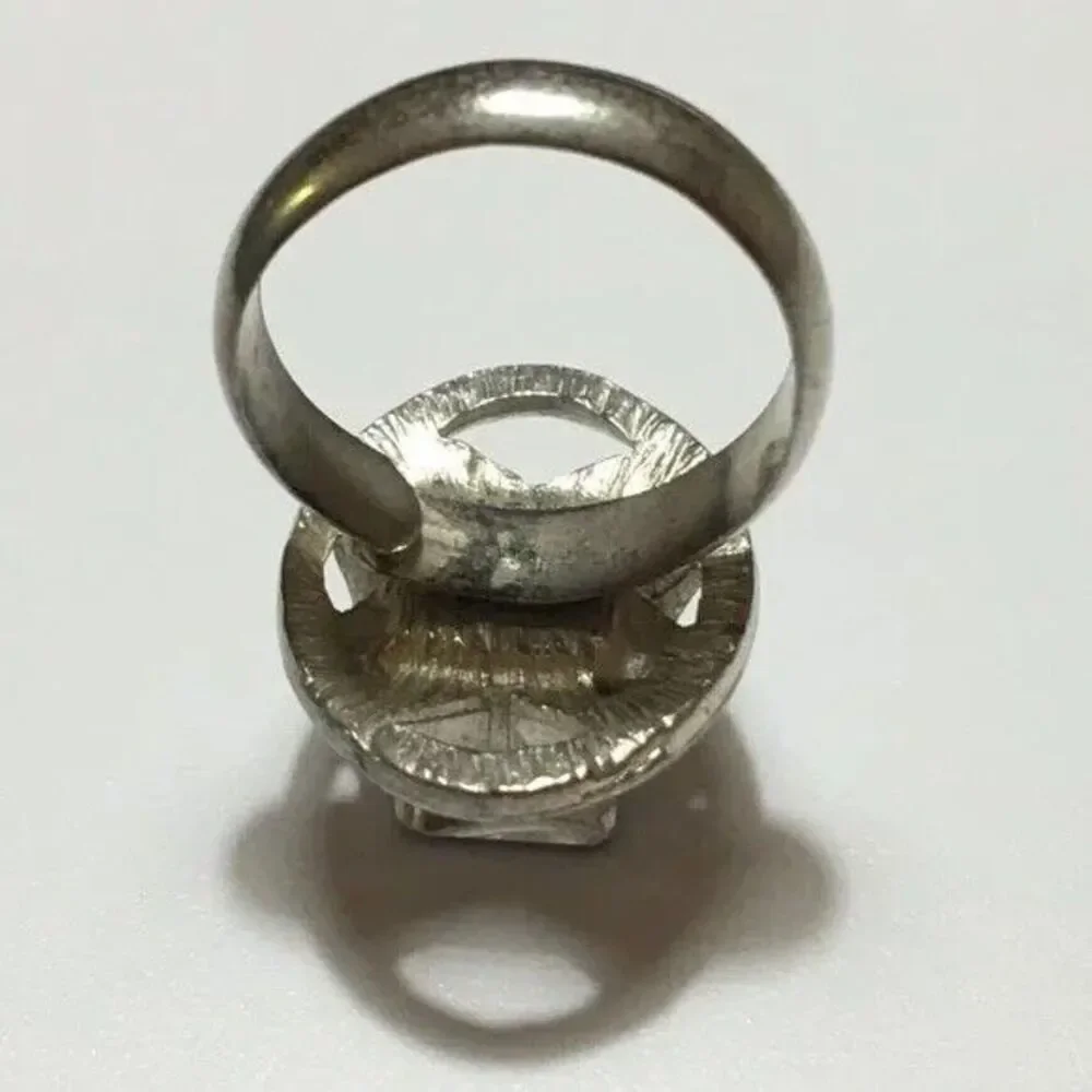 Vintage Silver Tone Blue Coated Glass Cube Ring Adjustable Band Size 7.25